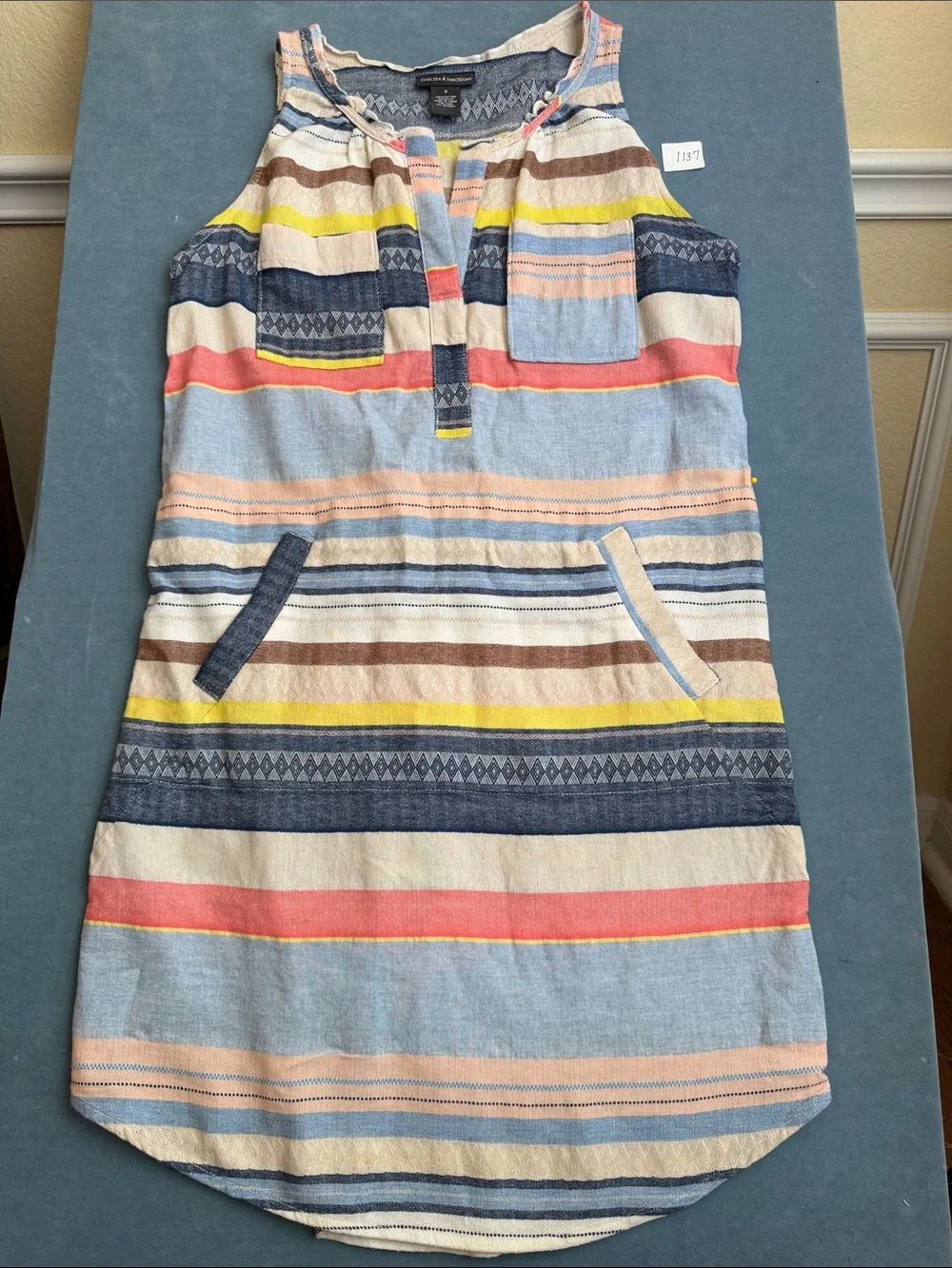 Chelsea & Theodore Multicolor Striped Midi Dress - Blue, Pink, Yellow, Navy - Picture 3 of 10